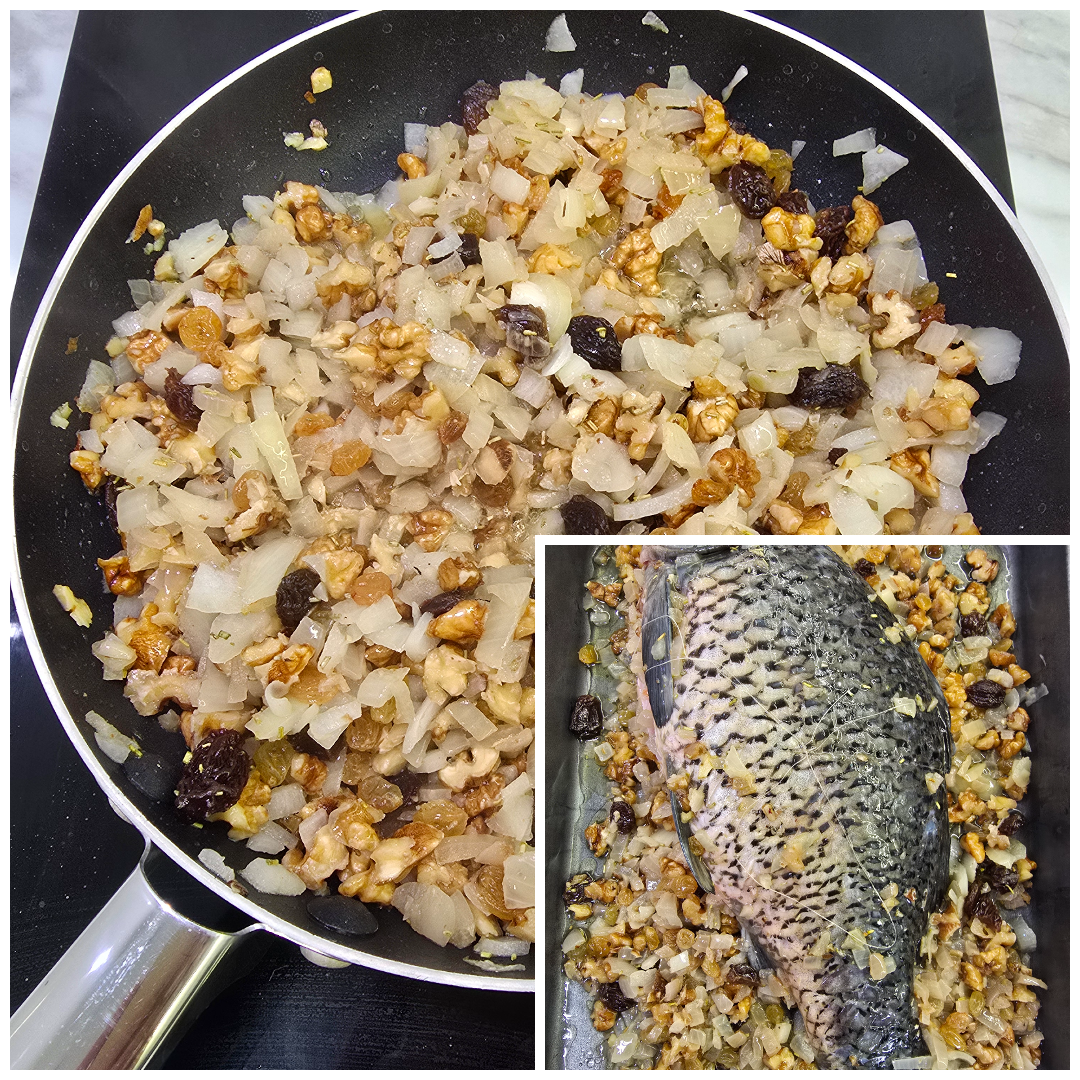 Stuffed carp with onion and reisins