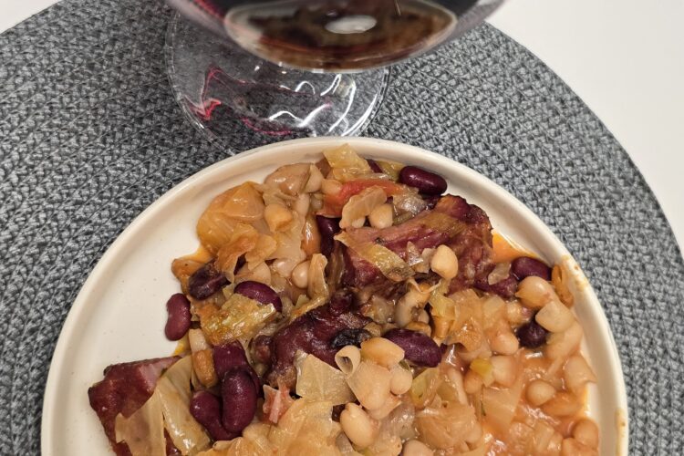 Smoked ribs with bean, spring onion and cabbage