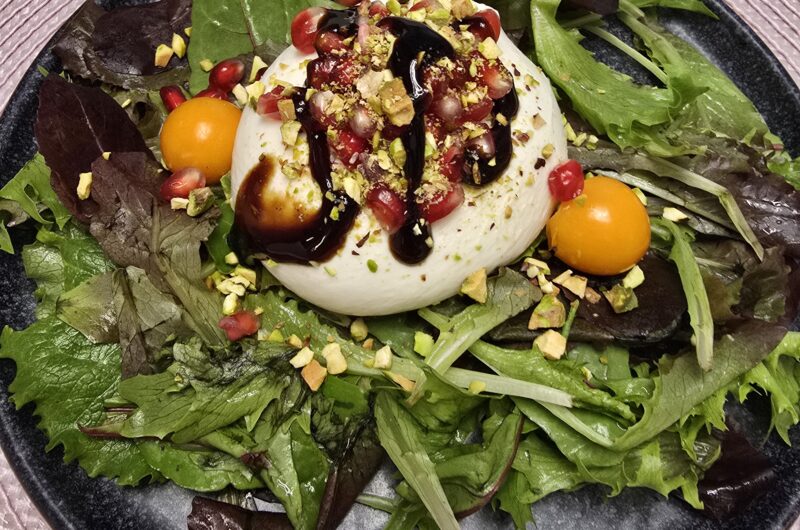Tasty burrata cheese salad with pomegranate