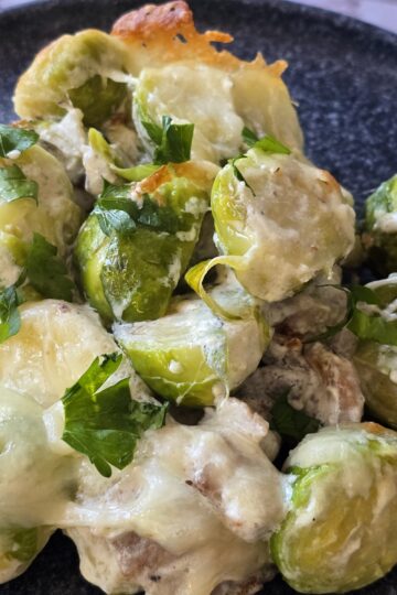 Brussels sprout with bacon mozzarella and parmigiano