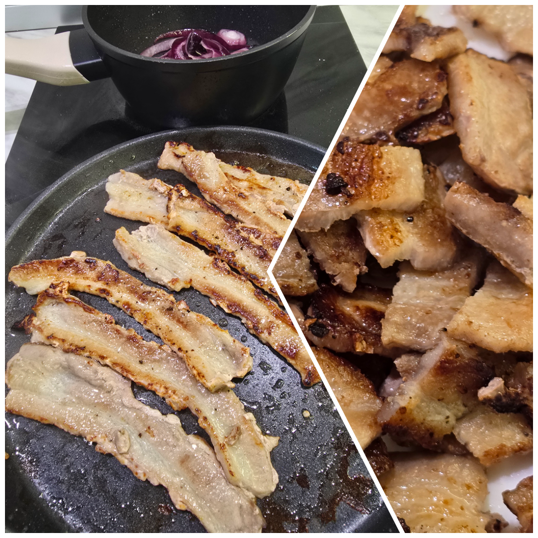 Baguette with caramelized onion and bacon