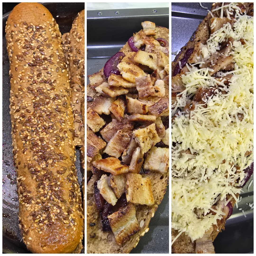 Baguette with caramelized onion and bacon