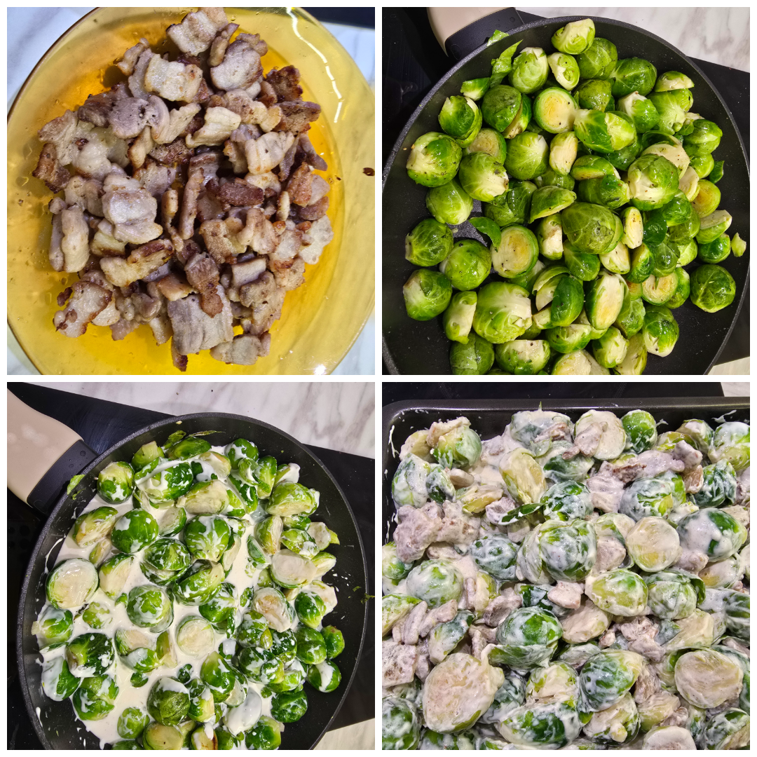 Brussels sprout with bacon mozzarella and parmigiano