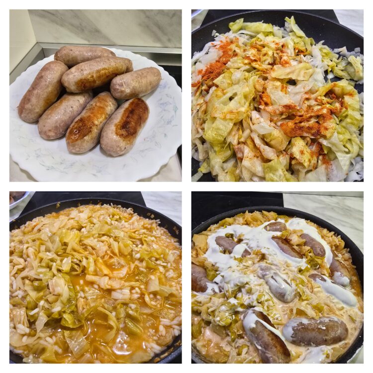 Creamed sour cabbage with rice and sausages