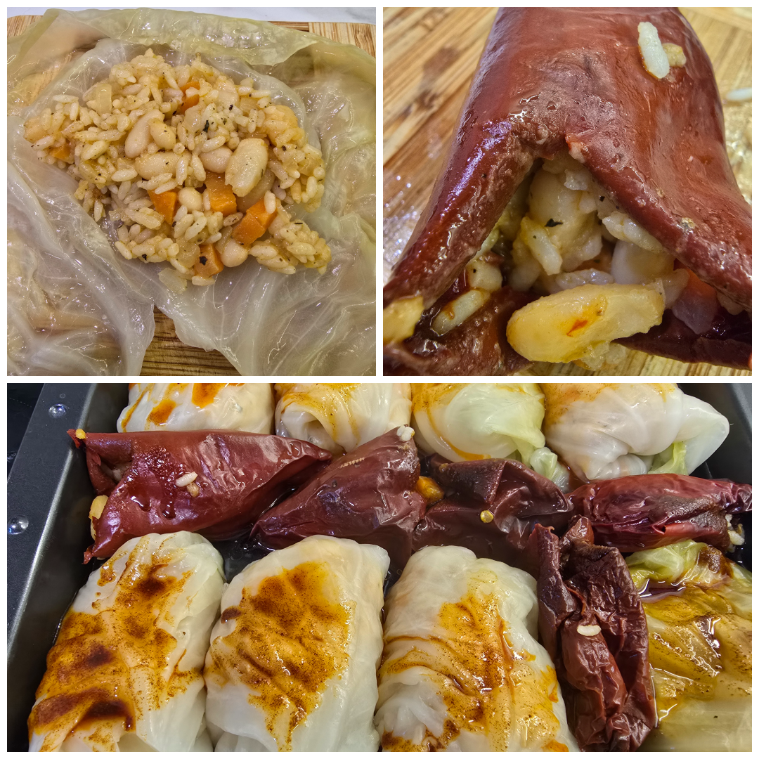 Sour cabbage and dried peppers stuffed with rice and beans