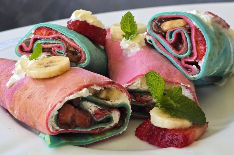 Unique Rainbow Crepe Rolls with Whipped Cream, Strawberries & Bananas (Video)