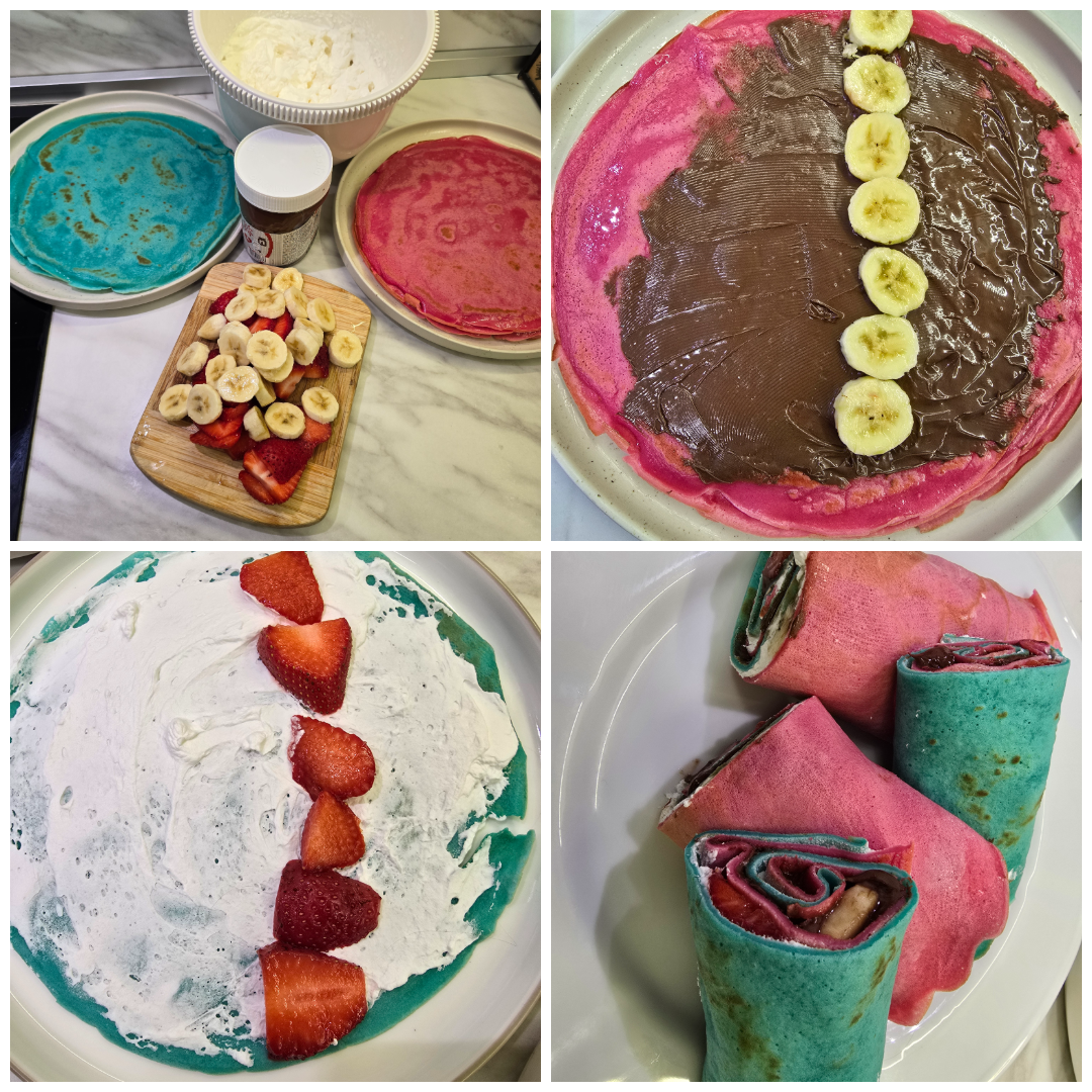 Rainbow crepe rolls with whipped cream