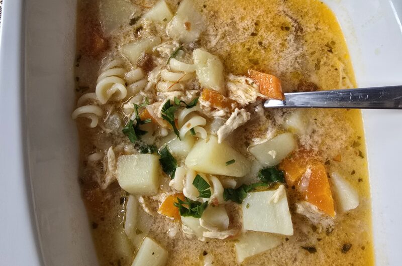 Creamy Chicken and Vegetable Soup with Pasta and Egg-Cream Tempering